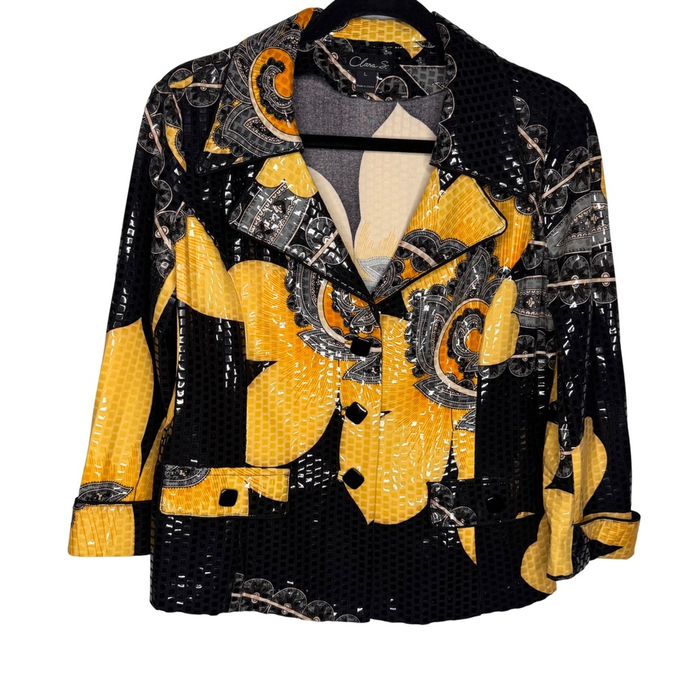Clara S Women Yellow Black Floral Paisley Glossy Square Overlay Jacket Large